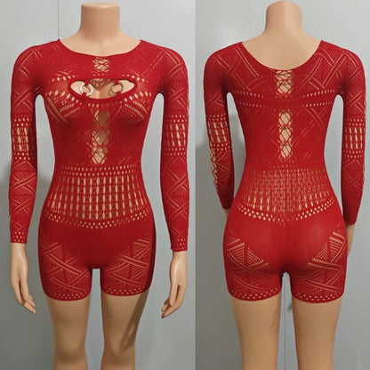 Streetwear Women 2023 One-pieces Outfits Rompers Jumpsuits Summer Long Sleeve Hollow Out Bodycon Mesh Black Romper Playsuits