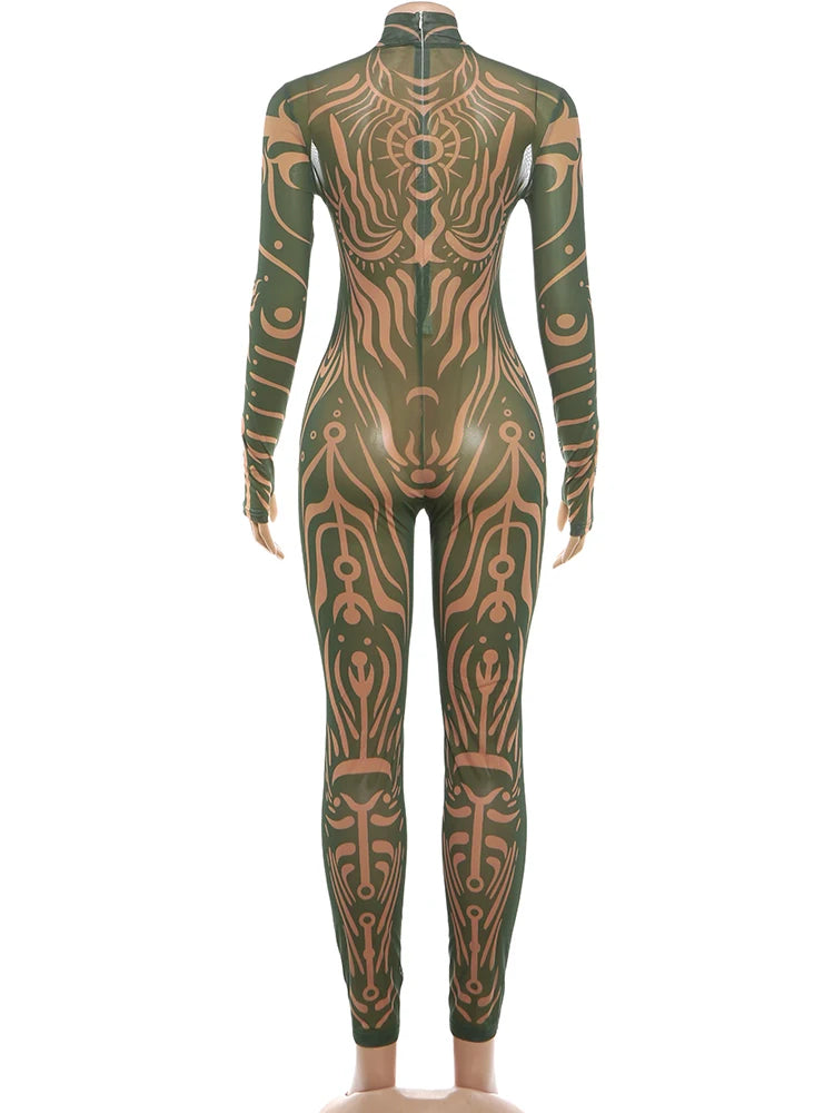 Weird Puss Sexy Striped Print Jumpsuits Women Wild Style Turtleneck Full Sleeve Midnight Party Club Stretch Streetwear Overalls