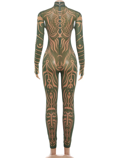Weird Puss Sexy Striped Print Jumpsuits Women Wild Style Turtleneck Full Sleeve Midnight Party Club Stretch Streetwear Overalls