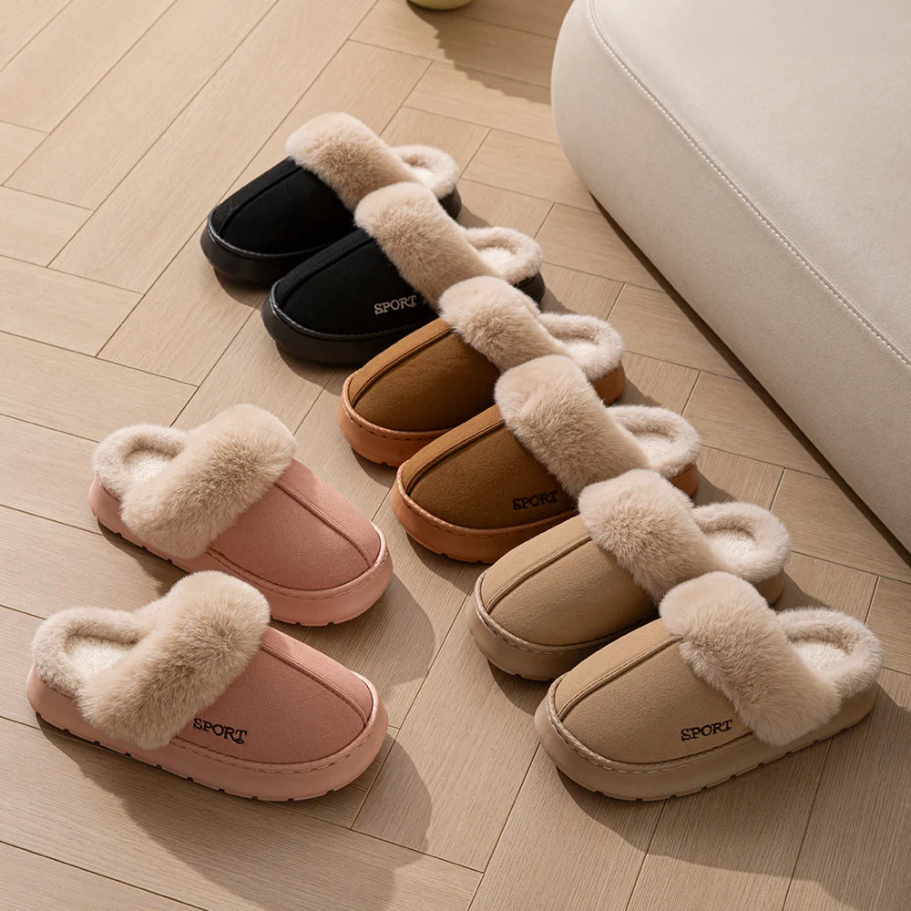 Women Winter Slippers Faux Fur Collar Warm Comfort Non-slip Thick Sole Couple Indoor and Outdoor Snow Boots Home Casual Shoes