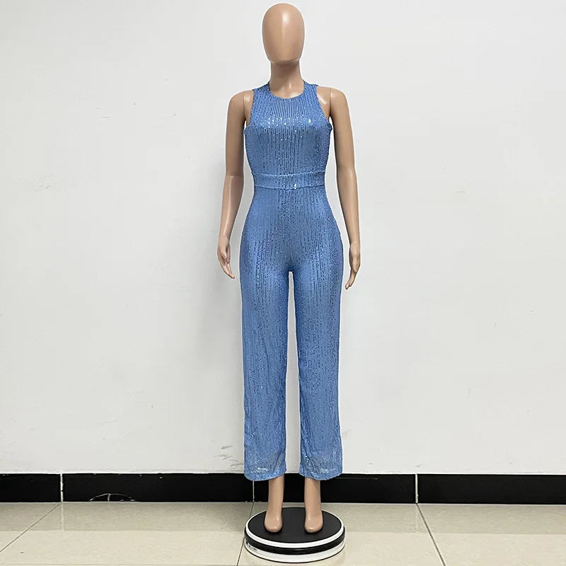 Bling Bling Sequined Club Jumpsuit Sexy Women O-neck Elegant Shiny Sliver Gold Sequins Straight Romper Overalls