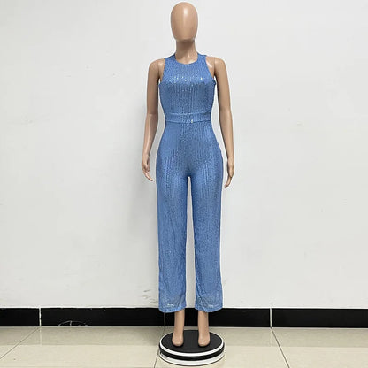 Bling Bling Sequined Club Jumpsuit Sexy Women O-neck Elegant Shiny Sliver Gold Sequins Straight Romper Overalls