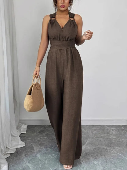 2026 New Women Wide Leg Jumpsuit Women's Jumpsuits And Rompers Halter V Neck High Waist Backless Casual Vacation Outfits