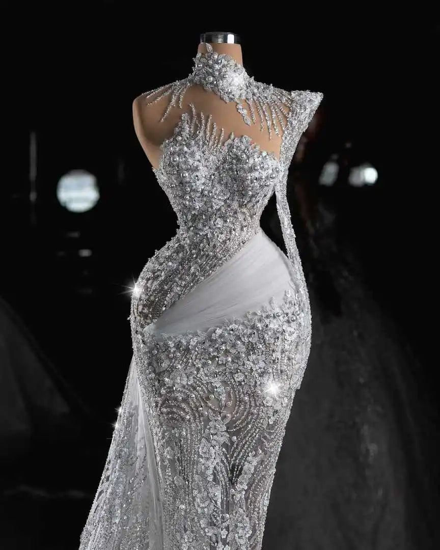 Luxury Mermaid Wedding Dresses Pearls Sequins One Shoulder Bridal Gowns Prom Dresses Sweep Train Vestido De Novia Customized