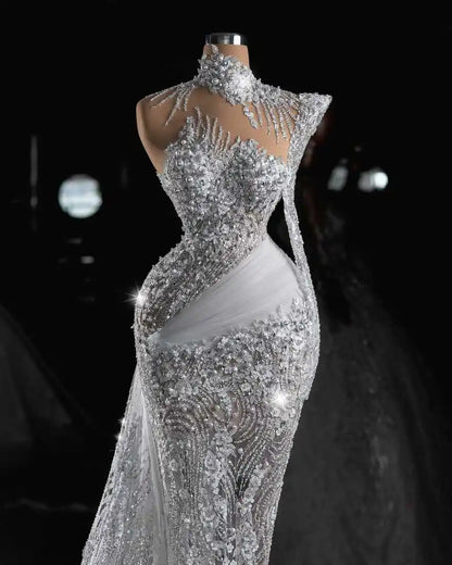 Luxury Mermaid Wedding Dresses Pearls Sequins One Shoulder Bridal Gowns Prom Dresses Sweep Train Vestido De Novia Customized