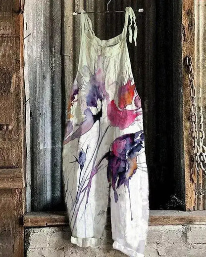 Vintage Style Jumpsuit Women Casual Floral Rompers Loose Boho Casual Jumpsuits Sleeveless Print Strappy Jumpsuit 2024 New