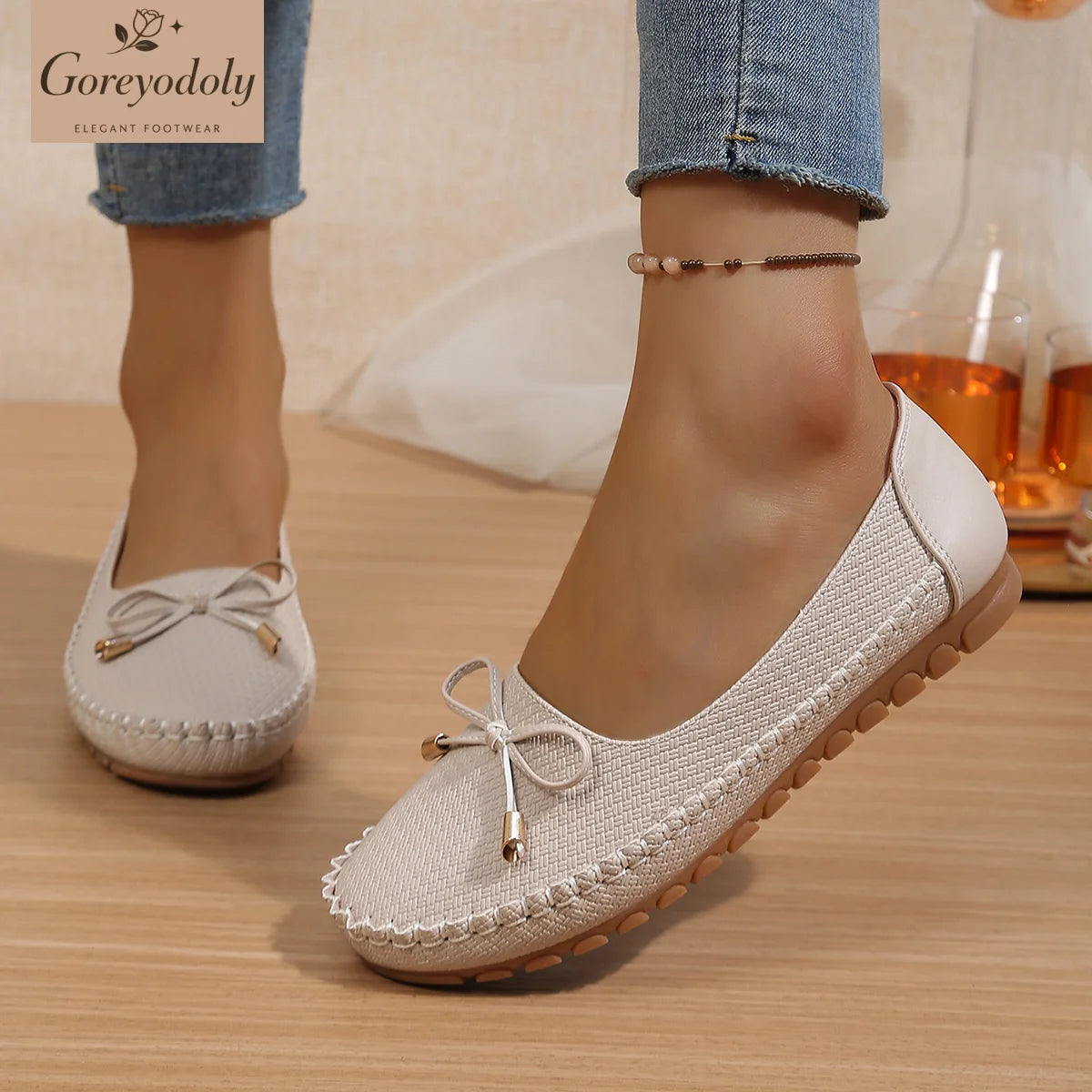 Goreyodoly Womens Casual Slip On Flats Woven Pattern Bow Breathable Lightweight Comfortable Daily Walking Shoes