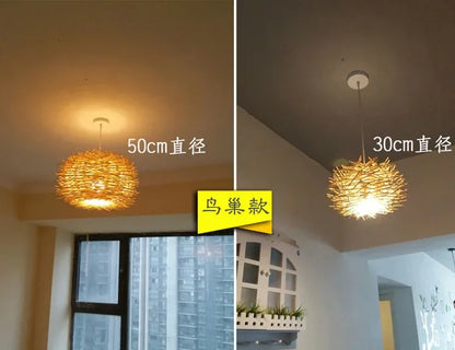 Bamboo Pendant Lights Hand Woven Ceiling Weaving Chandelier Lamp Rattan Wicker Hanging LED Fixtures Home Bedroom Bamboo Art Lamp