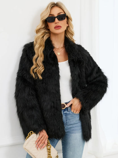 2026 Autumn Winter Brown Faux Fur Coat Women Casual Turndown collar Fluffy Plush Jacket Long Sleeve Thick Fake Fur Warm Cardigan