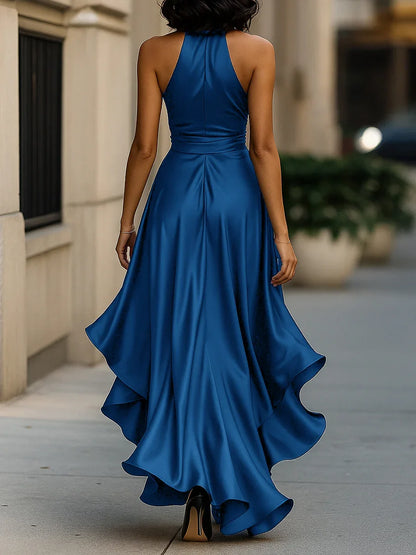 Women's Deep V-Neck Ruffled Evening Gowns Solid Lace-Up High Waist Satin Party Dresses Elegant Temperament Wedding Guests Dress