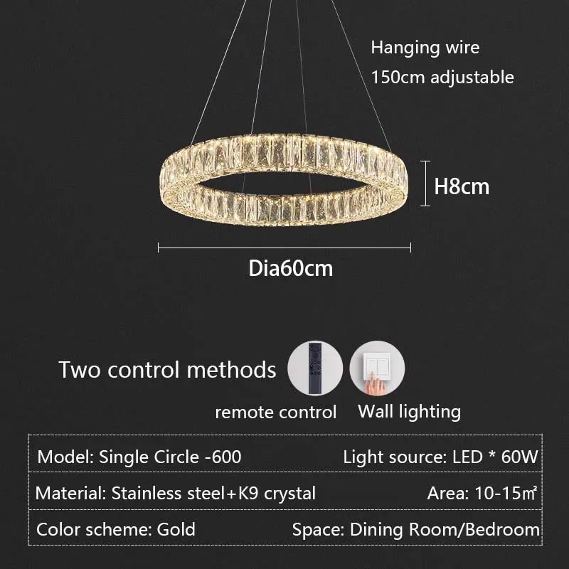 Modern LED Luxury Crystal Chandelier Villa Staircase Living Room Dimming Circular Gold Chandelier Home Lighting Indoor Light