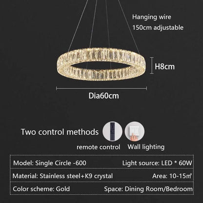 Modern LED Luxury Crystal Chandelier Villa Staircase Living Room Dimming Circular Gold Chandelier Home Lighting Indoor Light