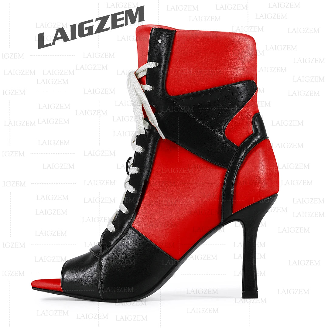 LAIGZEM Women Ankle Boots Patchwork Peep Toe Thin High Heels Boots Lace up Short Boos Ladies Handmade Shoes Woman Size 39 41 43