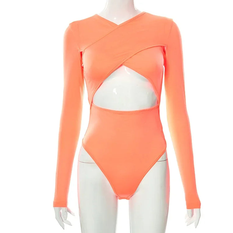 Summer New Women's Jumpsuit Solid Color Cross Hollow Long Sleeve Revealed Waist Slimming Smooths Your Silhouette