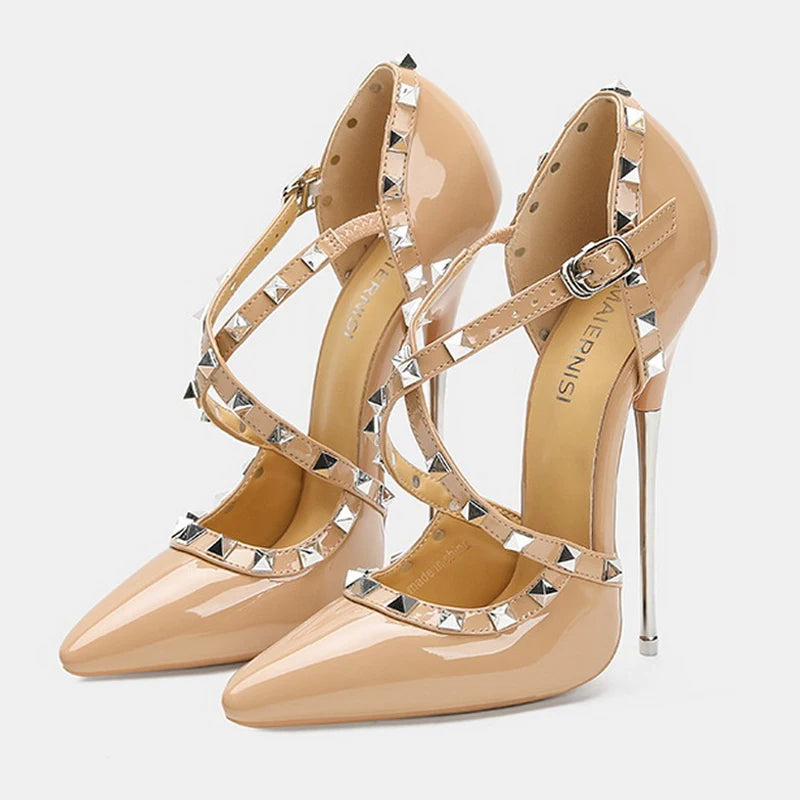 Women Rivet Cross Strap High Heel Sandals Sexy Pointed Toe Single Shoes for Nightclub Party Host Model Catwalk Cross Dressing