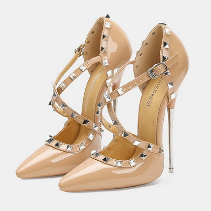 Women Rivet Cross Strap High Heel Sandals Sexy Pointed Toe Single Shoes for Nightclub Party Host Model Catwalk Cross Dressing