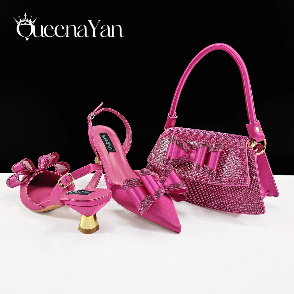 Queena Yan Hot Selling Fashion Mature Coffee Color Butter-fly Design Pointed Toe High Heel Party Wedding Lady Shoes and Bag Set