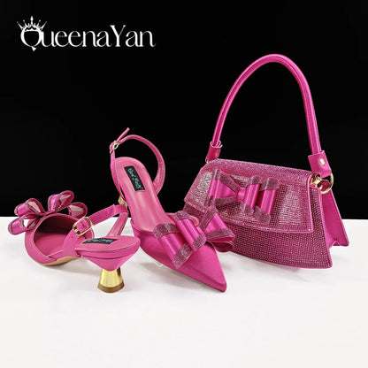 Queena Yan Hot Selling Fashion Mature Coffee Color Butter-fly Design Pointed Toe High Heel Party Wedding Lady Shoes and Bag Set