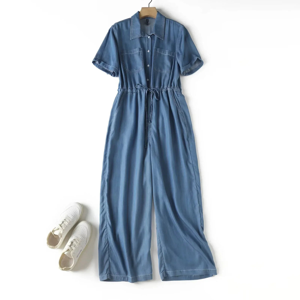 Jumpsuits Women Denim One Piece Turn Down Collar Short Sleeve Loose Casual Wide Leg Long Pants Overalls Tight Waist Rompers