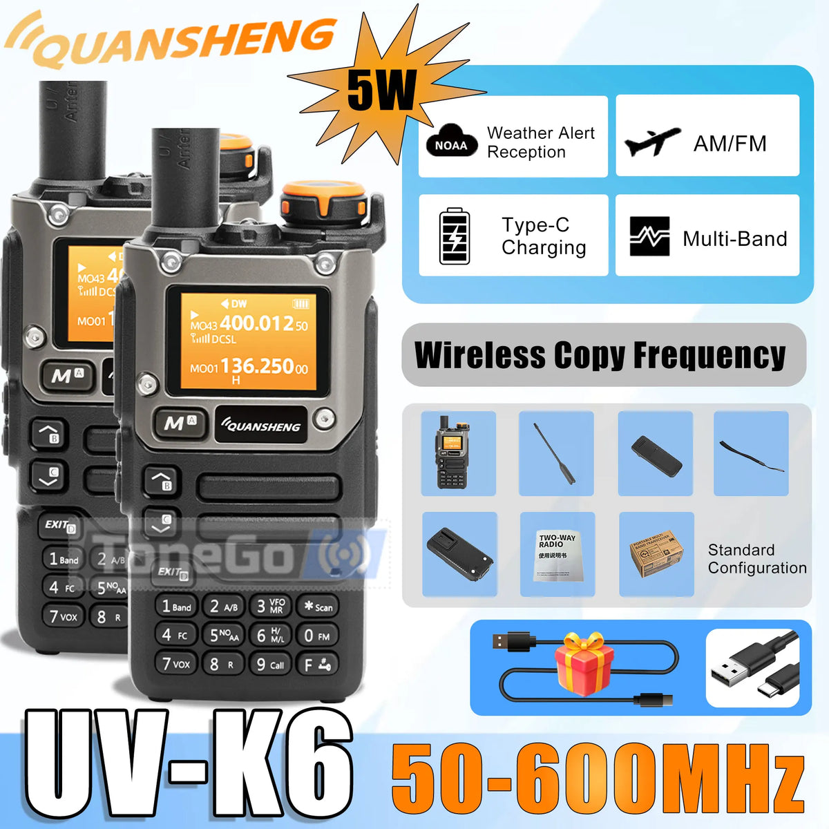 Quansheng UV-K6 Walkie Talkie 5W AM FM 50-600MHz USB-C Direct Charge NOAA Weather Multi Band UV-K58 UV-K5(8) Two Way Radio