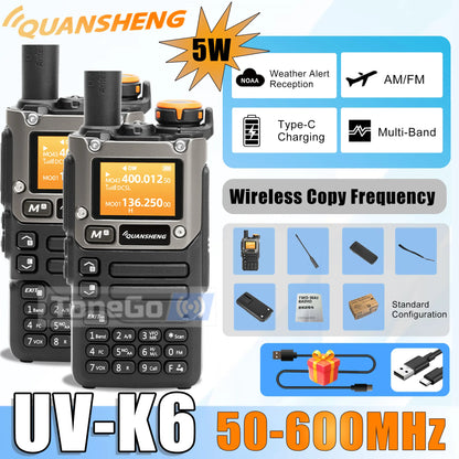 Quansheng UV-K6 Walkie Talkie 5W AM FM 50-600MHz USB-C Direct Charge NOAA Weather Multi Band UV-K58 UV-K5(8) Two Way Radio