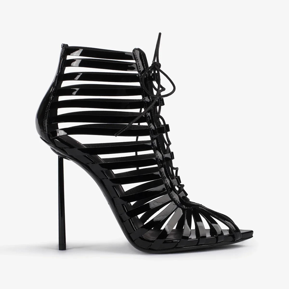 Black Hollow Lace-Up Sandals Pointed Toe Stiletto Back Zipper Breathable High Heel Women'S Boots Fashion Party Modern Boots 43