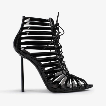 Black Hollow Lace-Up Sandals Pointed Toe Stiletto Back Zipper Breathable High Heel Women'S Boots Fashion Party Modern Boots 43