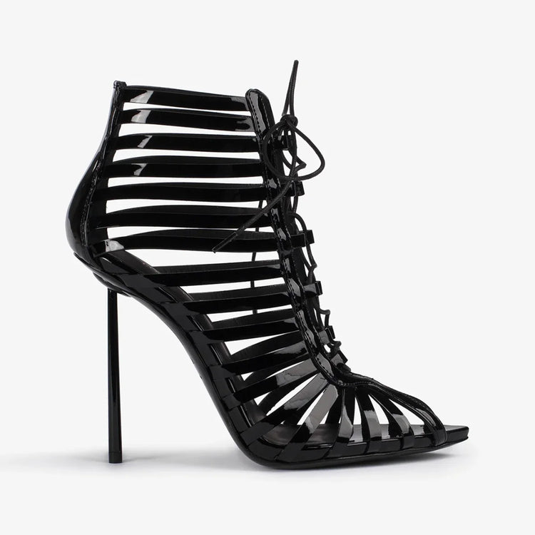 Black Hollow Lace-Up Sandals Pointed Toe Stiletto Back Zipper Breathable High Heel Women'S Boots Fashion Party Modern Boots 43