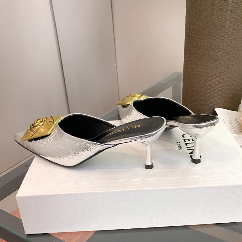 Women High Heels Slippers Summer New Luxury Fashion Gold Flower Decoration Modren Sandals Ladies Pointed Toe Mules Shoes Slides