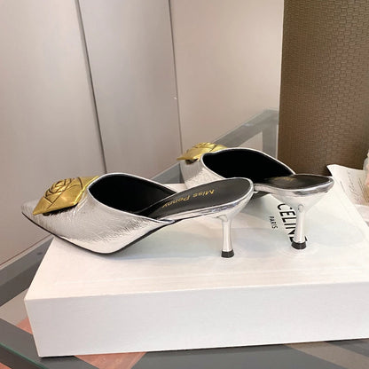 Women High Heels Slippers Summer New Luxury Fashion Gold Flower Decoration Modren Sandals Ladies Pointed Toe Mules Shoes Slides