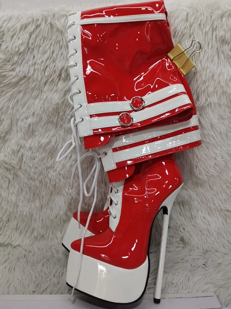 Red Lace Up Over Knee High Boots Pointed Toe Thin High Heel Fashion Cool Winter Casual Big Size Woman Shoes Zapatillas Mujer