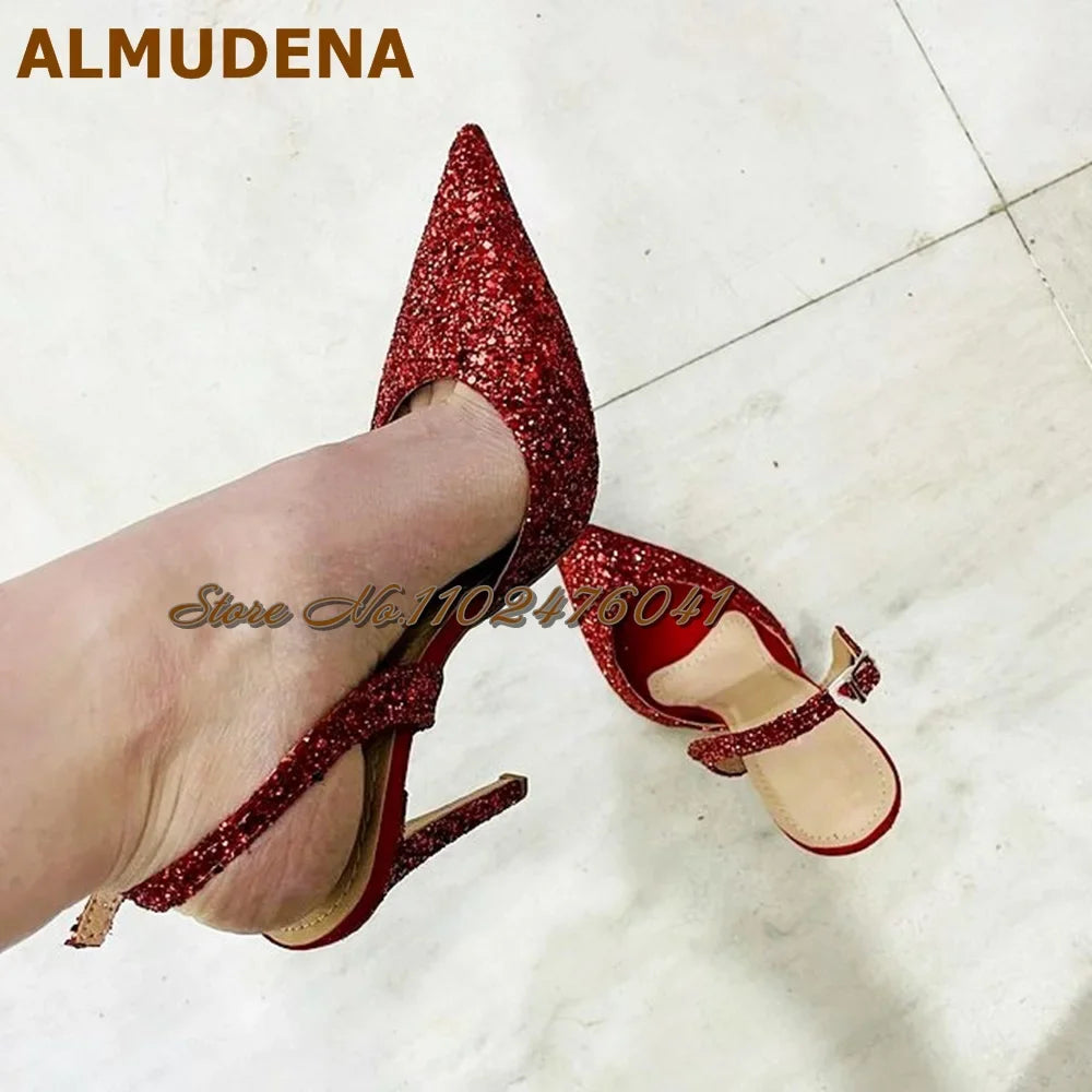 ALMUDENA Green Satin Fabric Slingback Banquet Shoes Red Silver Bling Bling Sequined Wedding Shoes Buckle Strap Shallow Pumps