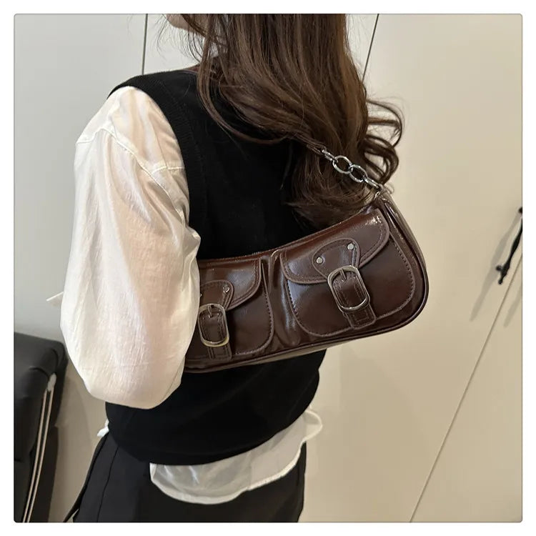 Fashion Pu Leather Women's Shoulder Bag Small Double Pocket Design Ladies Underarm Bags Y2k Vintage Female Handbags Clutch Purse