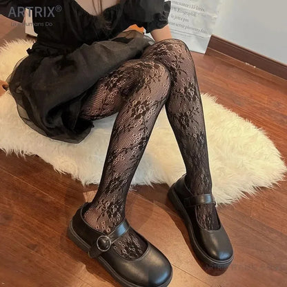 Korean INS Hollowed Lace Mesh Stockings Women Pantyhose Hot Tights Japanese Lolita Retro Floral Rattan Black White Long Socks