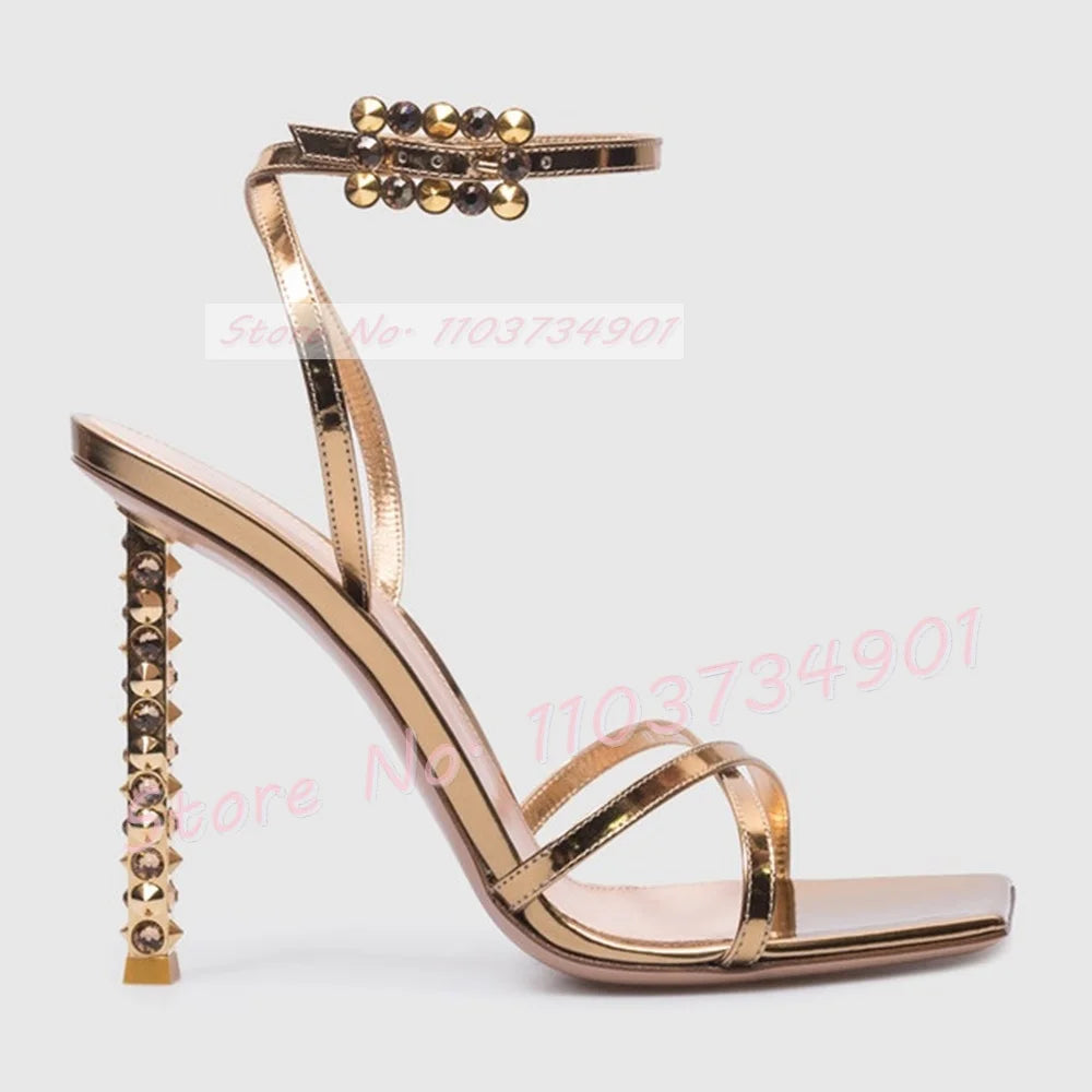 Metal Heels With Rivets Sandals Women Belt Buckle Square Toe Ankle Strap Stiletto Shoes Lady Sexy Luxury Party Elegant Sandals