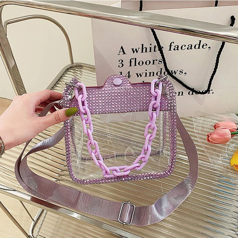 Clear Crossbody Bag for Women PVC Transparent Single Shoulder Chain Portable Messenger Bags Small Square Satchel Bag Girls Gift