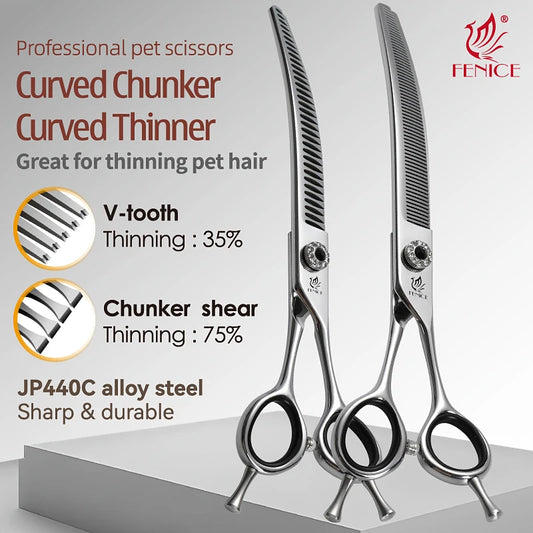 Fenice CIQ Professional 7.0/7.5 Inch JP440C Dog Grooming Scissors Curved Chunker /Thinning Scissors for Dogs Cats and Other Pets
