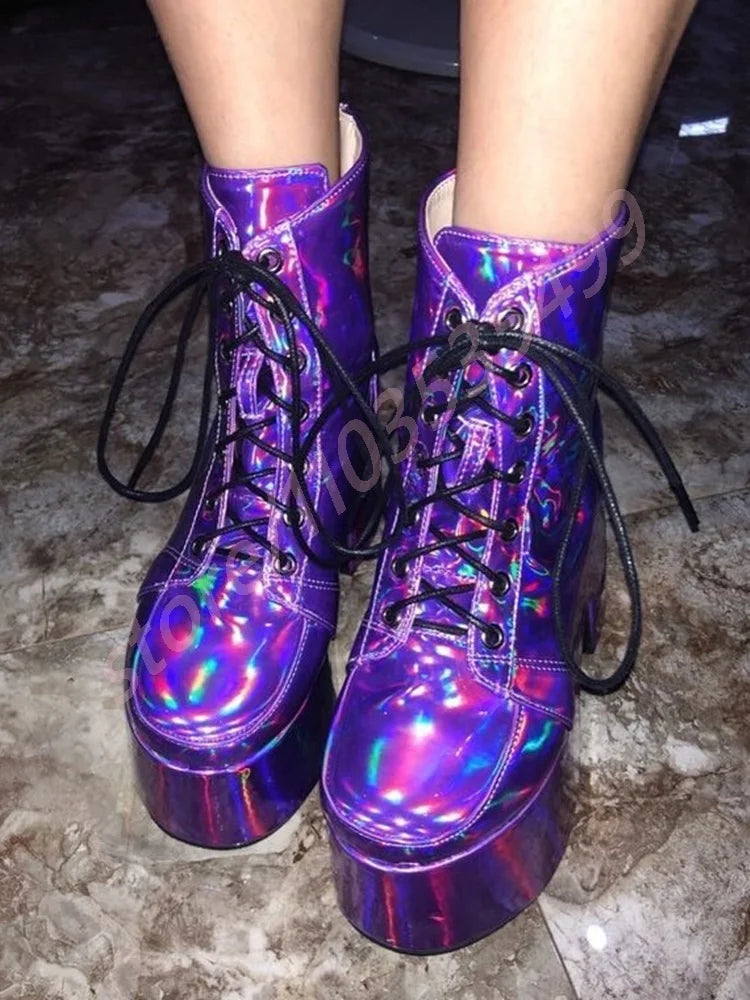 Thick Sole Round Toe Punk Party Boots 2025 New Street Rock Lace-Up Motorcycle Boots Fashion 34-48 Thick High Heel Ankle Boots