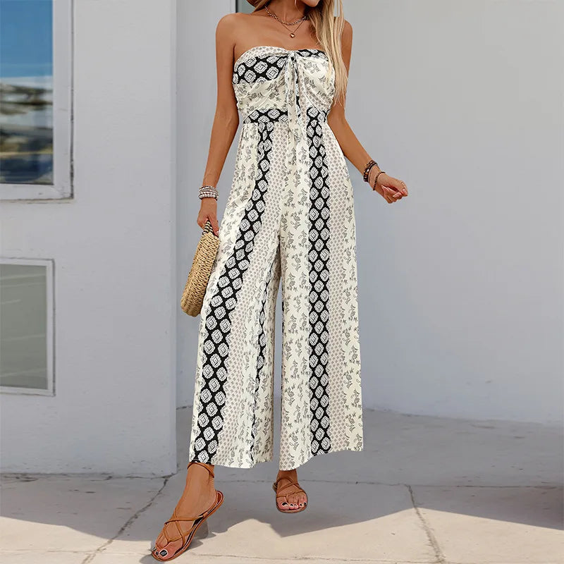 Cotton Rayon Floral Printed Sexy Strapless Jumpsuit Women Casual Bow Boho Beach Summer One Piece Women's Jumpsuits Bohemian