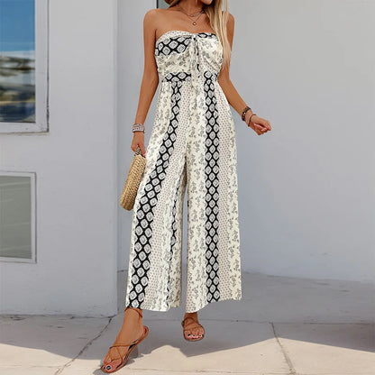 Cotton Rayon Floral Printed Sexy Strapless Jumpsuit Women Casual Bow Boho Beach Summer One Piece Women's Jumpsuits Bohemian