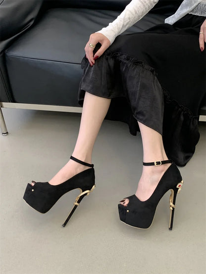 Liyke Sexy Metal Snake Shape Thin Heeled Sandals Women Peep Toe Buckle Strap Platform High Heels Party Stripper Shoes Size 35-42