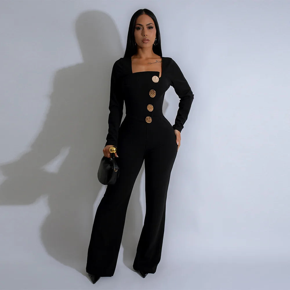 CM.YAYA Elegant Button Long Sleeve Irregular Girl Jumpsuits 2025 Spring Women's Overalls Outfits Night Club Streetwear One Piece