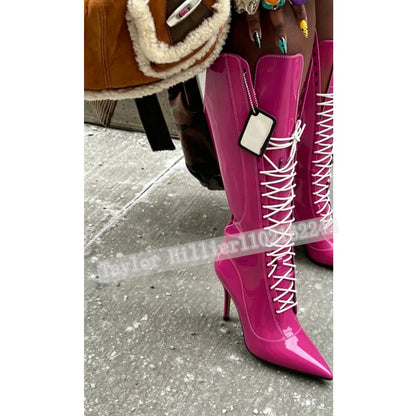 Rose Pink Patent Leather Cross-Strap Boots Women'S Pointed Toe Stiletto Heel Knee-High Boots Trendy Party Evening Boots Autumn
