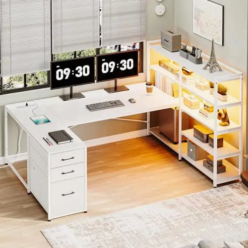 L Shaped Gaming Desk, Reversible U Shaped Computer Desk with Power Outlet and Storage Shelves, Corner Gaming Desk with