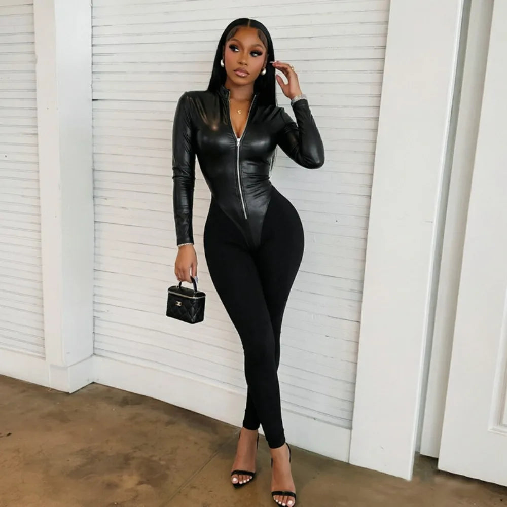 FLARORA Fashion Pu Leather Patchwork Jumpsuits Woman Stand Collar Full Sleeve Zip Skinny Peach Hip Midnight Party Club Overalls