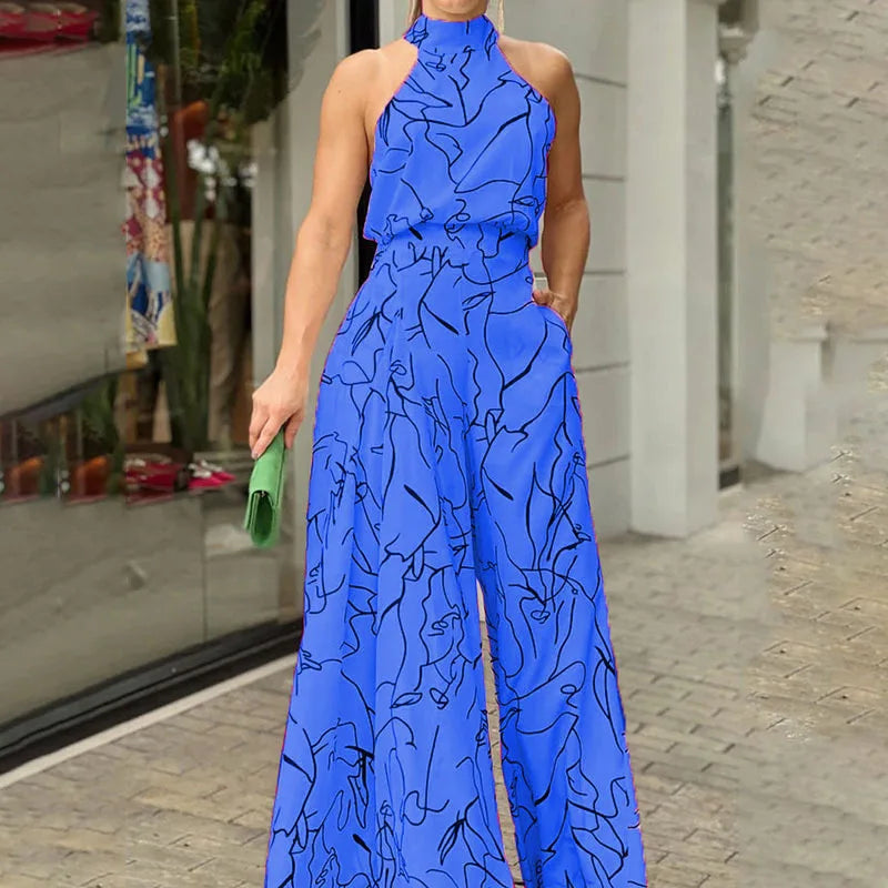 Summer European and American women's wear with elegant waist-cinching sash-tie sleeveless off-shoulder long pants printed jumps