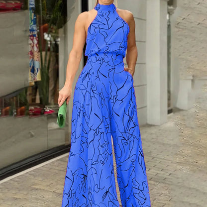 Summer European and American women's wear with elegant waist-cinching sash-tie sleeveless off-shoulder long pants printed jumps