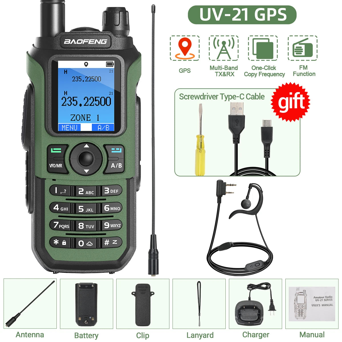 Baofeng UV-21 PRO Walkie Talkie GPS Portable Long Range Mutli-Band Wireless Copy Frequency Type-C Charger Radio Upgrade UV17 PRO