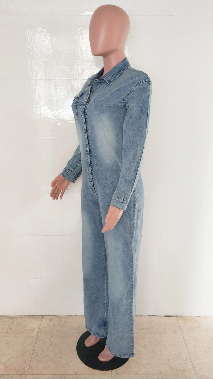Streetwear Jeans Cargo Jumpsuit Sexy Women Turn Down Collar Elegant Wide Leg Denim Straight Romper Overalls