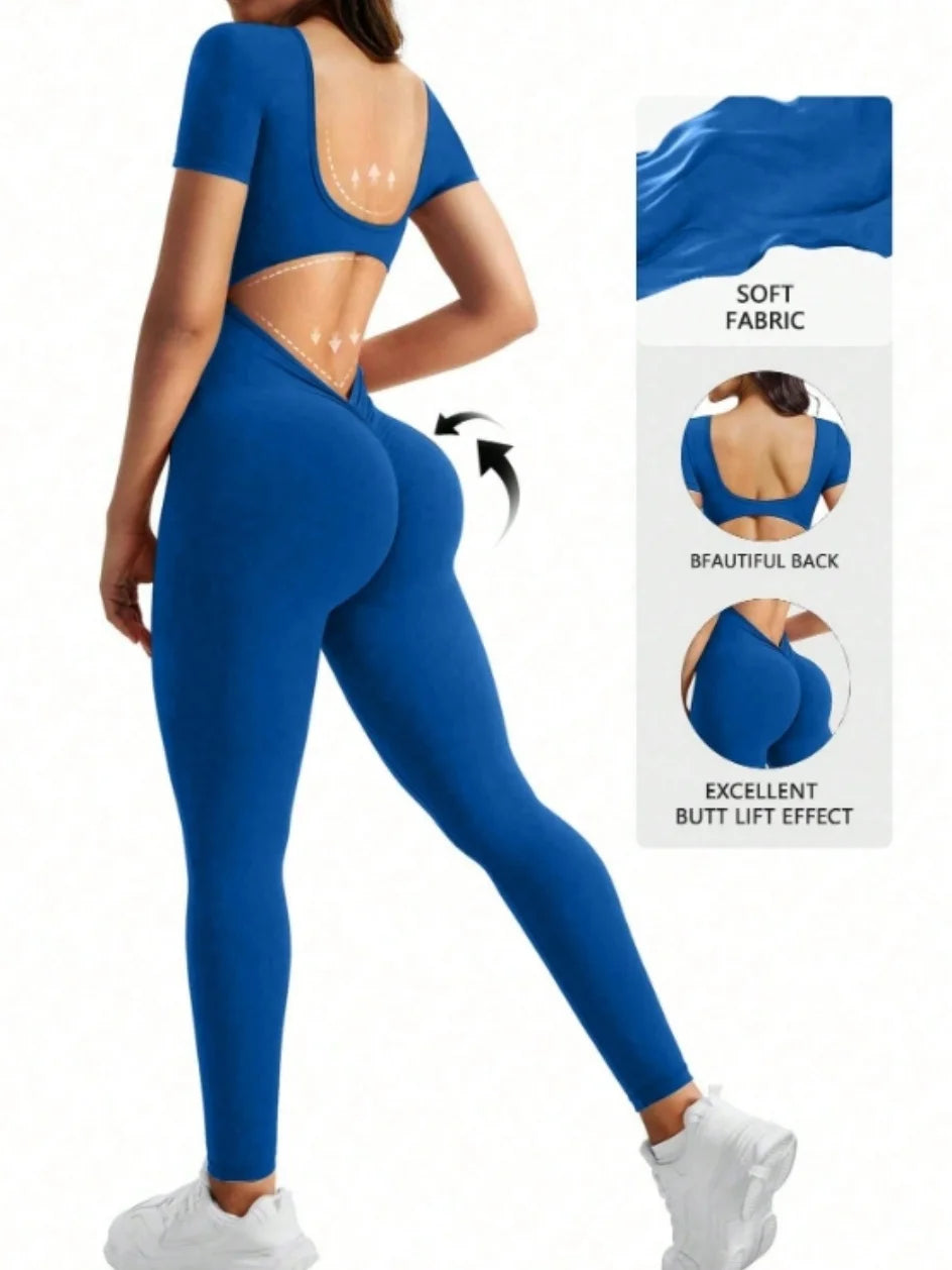 One piece seamless spandex U-neck short sleeved bodysuit with hip lifting, gym clothing, women's fitness jumpsuit